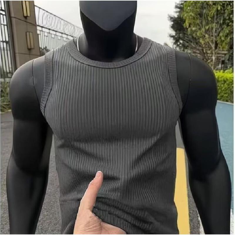 White coarse ribbed tank top for men, summer slim-fit, muscle-enhancing, sleeveless American-style gym sports vest for men