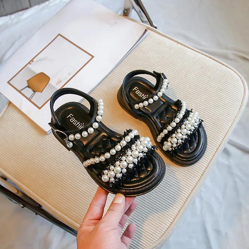 

Милые туфли принцессы для маленьких детей с жемчужными бусинами, летние новые сандалии для девочек в корейском стиле, элегантный темперамент 23 чёрный