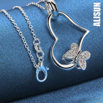 925 Sterling Silber Herzförmiger Schmetterling 18 Zoll Anhänger Halskette Modischer Hochzeitsschmuck