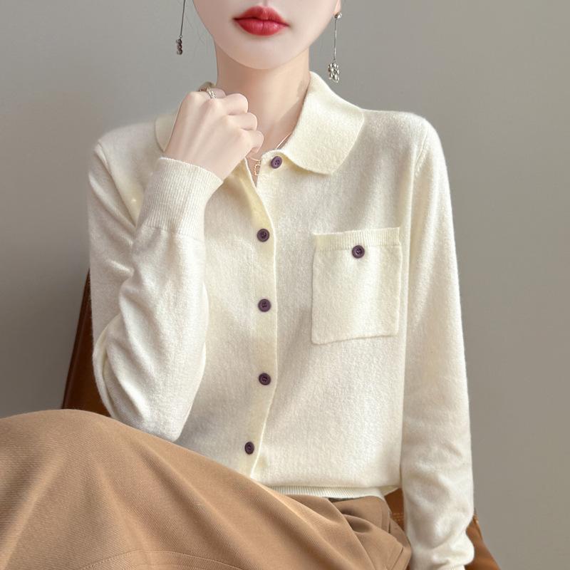 Lapel Knitted Cardigan Solid Color Loose with Pockets, Versatile Spring New Top Coat