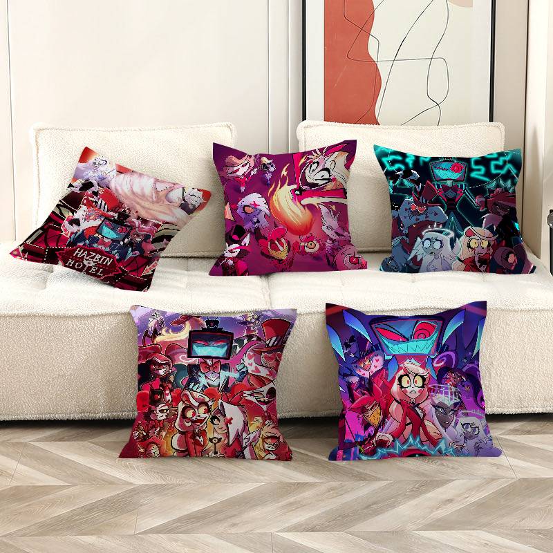 Federa Cuscino Musicale Animato H-Hazbin Hotel Copricuscino da Viaggio per Auto per Divano Auto Regalo di Natale 40x40cm 45x45cm