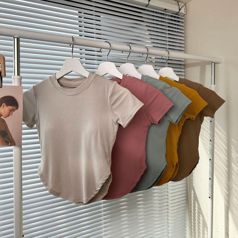 Lu Same Style with Chest Pad Tight Sexy Yoga Clothes Women's Soft Midriff Outfit Sports Tops Silm Fitness T-shirt Short Sleeve