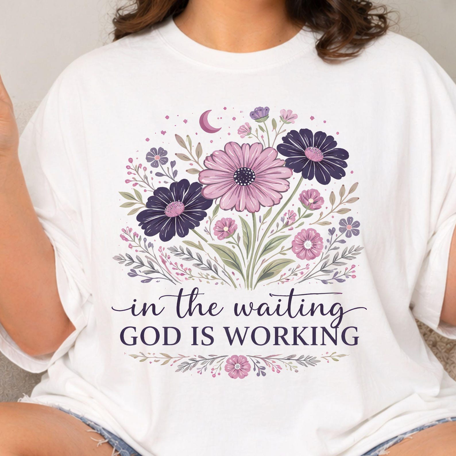 Plus Size In the Waiting God Is Working T-Shirt, Floral Christian Shirt, Spiritual Gift For Women, Comfort Colors Shirt, Church Friend Gifts M
