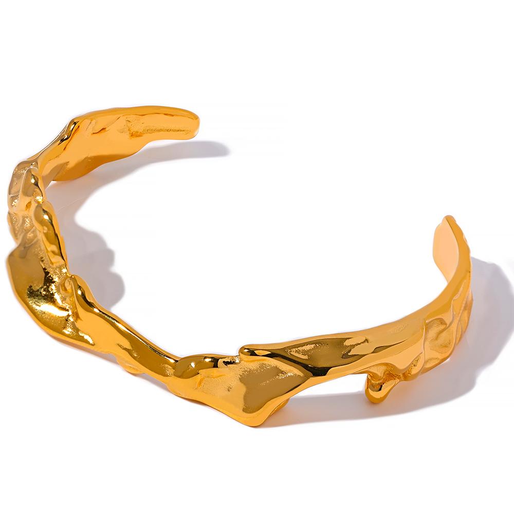 Yhpup Waterproof 18K Gold Color Stainless Steel Irregular Geometric Open Cuff Bracelet Bangle Personalized Metal Texture Jewelry