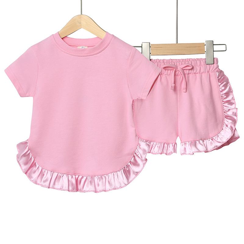Sommer Mädchen Set Koreanischer Stil Mode Kurzärmeliges Spitzenoberteil Shorts Zweiteiliges Set