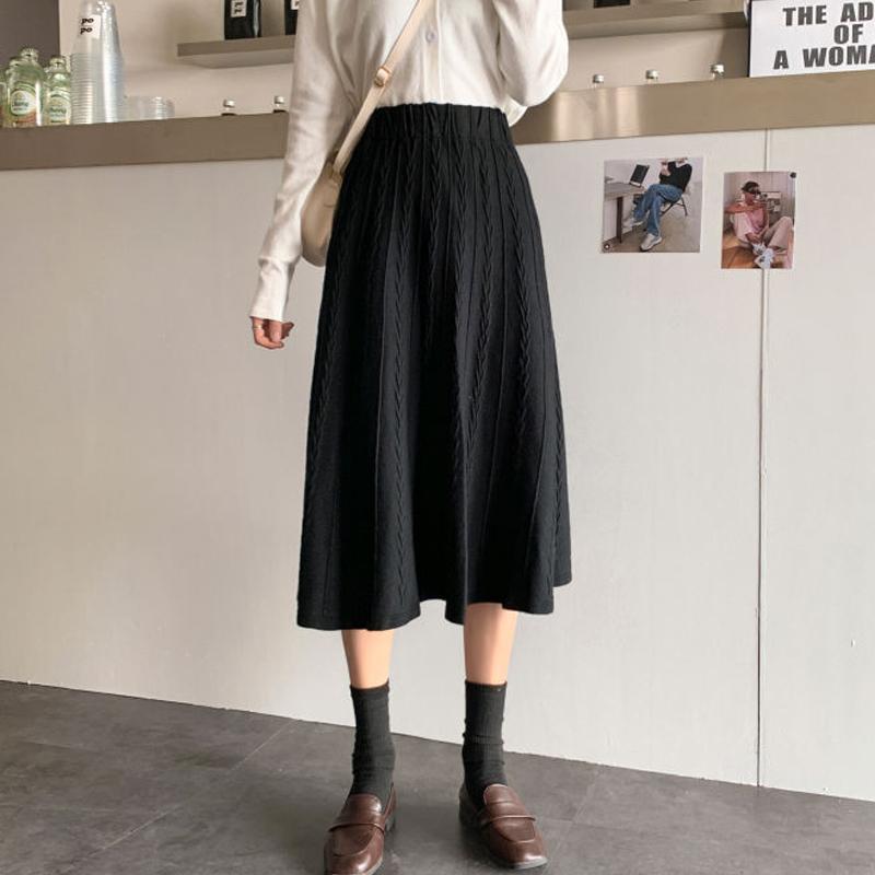 Thick Rib Knit Skirts Women Large Swing Casual Midi Skirts Autumn Elegant A-line Pleated Apricot Long Knitted Skirt