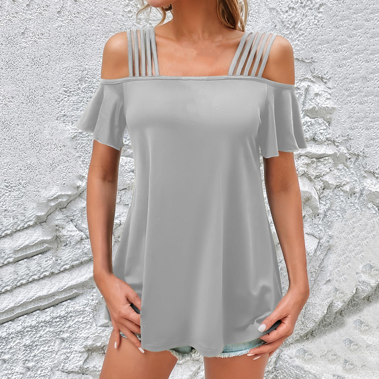 

Женские топы, рубашки с короткими рукавами, воротник-бато, свободные повседневные рубашки, однотонные футболки с рюшами на рукавах с принтом XXL