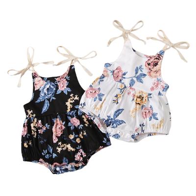Baby Girl 's Casual Suspender Jumpsuits Fashion Flower Print Round Neck Bow Lace-Up Triangle Romper