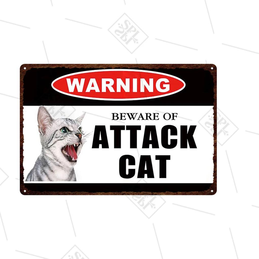 Pet Shop Warning Sign Beware of The Attack Cat Metal Sign Animals Tin Plate Pet Shop Wall Sticker Decoration Vintage Home Decor
