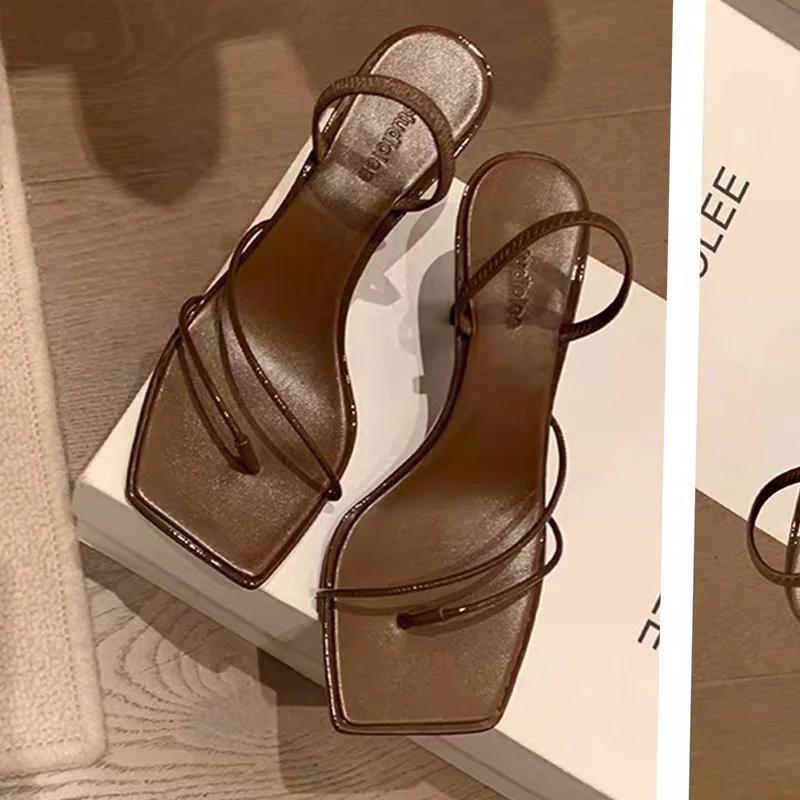 Fashion 2025 New French Fine Strap Square Head Design Sandals for Women's Summer Sexy Open Toe Clip Toe High Heel Shoes