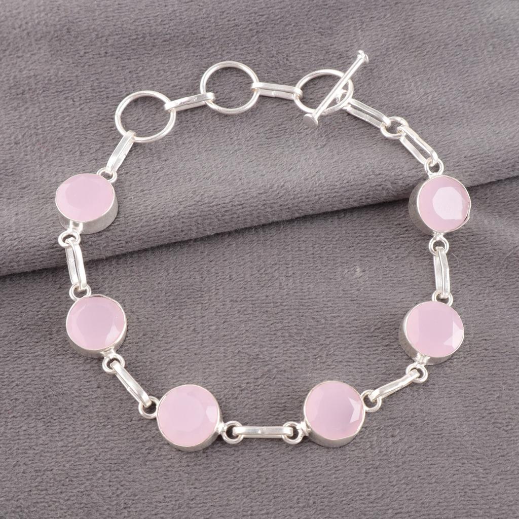 Rose Chalcedony Gemstone 925 Sterling Silver Jewelry Handmade Bracelet For Women RB-14-20