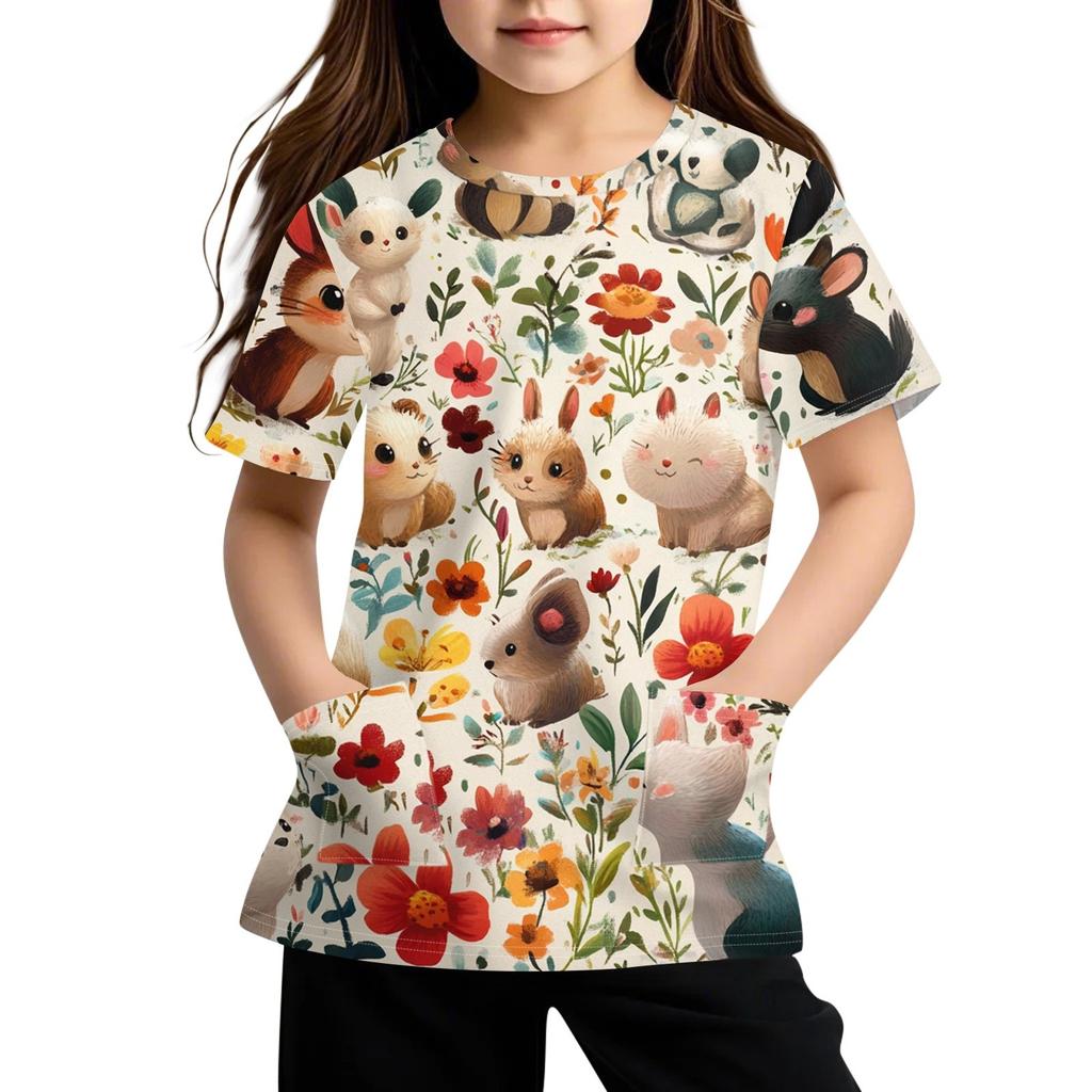 Children's Short Sleeve Pocket Tops Casual  Print T Shirt Round Neck Pullover Blouse