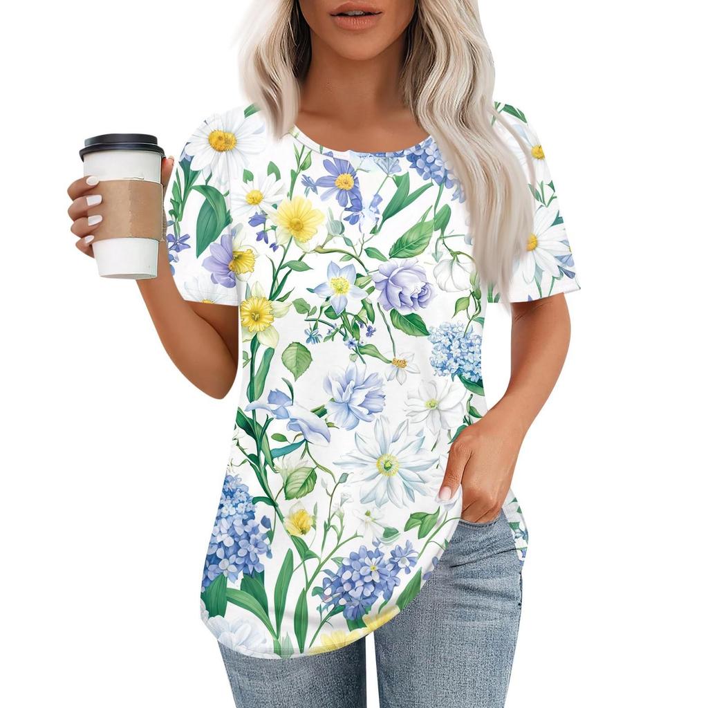 Women's Casual Short Sleeve Floral Button 3D Print Round Neckr Top T-Shirt