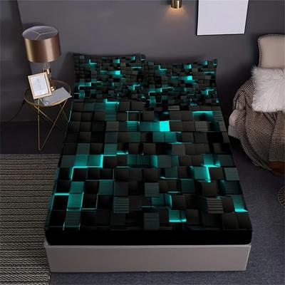 Red Grid 3D Visual Geometry Art Print Fitted Sheet Set Mattress Covers Soft Breathable Bedding Set With Deep Pocket For Bedroom