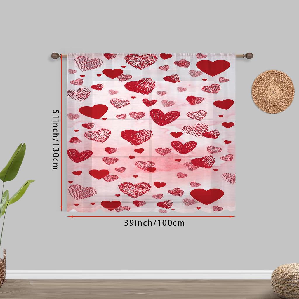 Single Panel Red Hand Painted Heart Shaped Decorative Gauze Curtain Romantic Festive Suitable Bedrooms Living Rooms Curtains Polyester Great Room