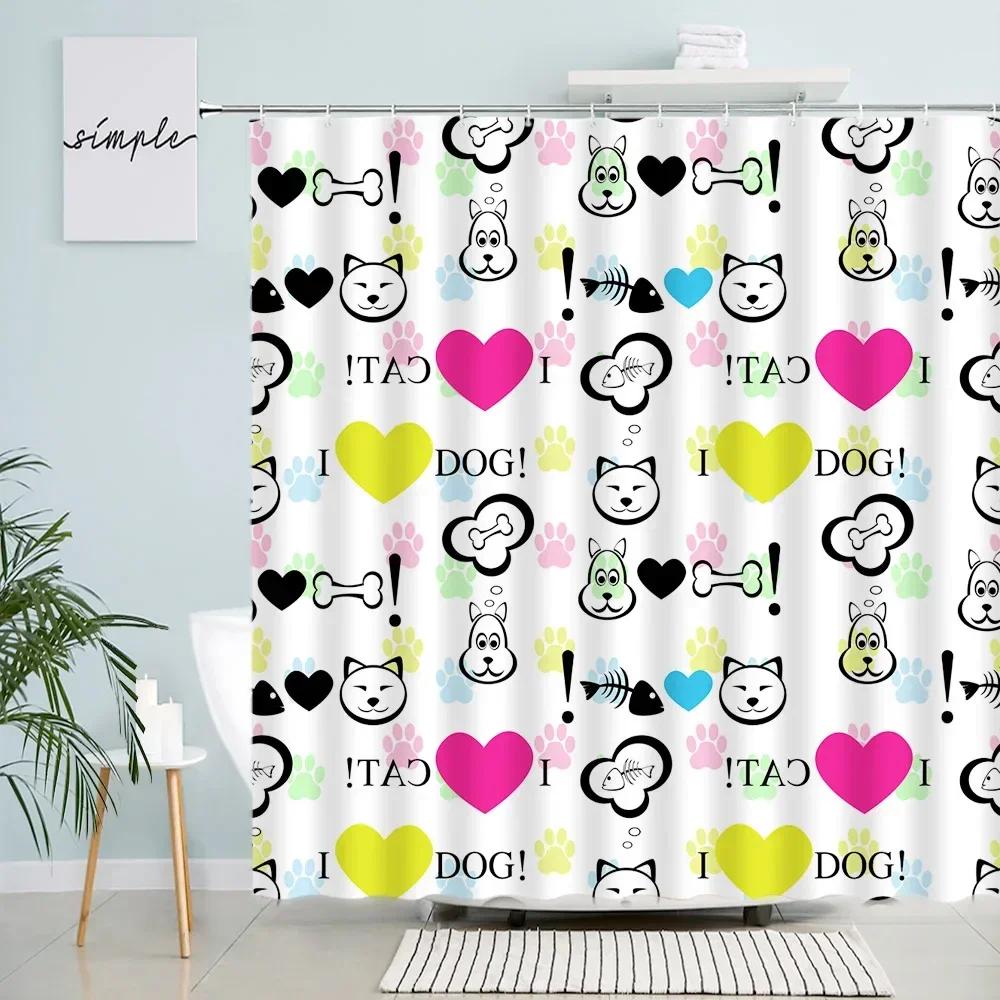 

Cartoon Cat Dog Shower Curtain Set Cute Animals Love Heart Bone Creative Bath Curtains Fabric Children Bathroom Decor With Hooks W60H190(CM)-1 Pcs