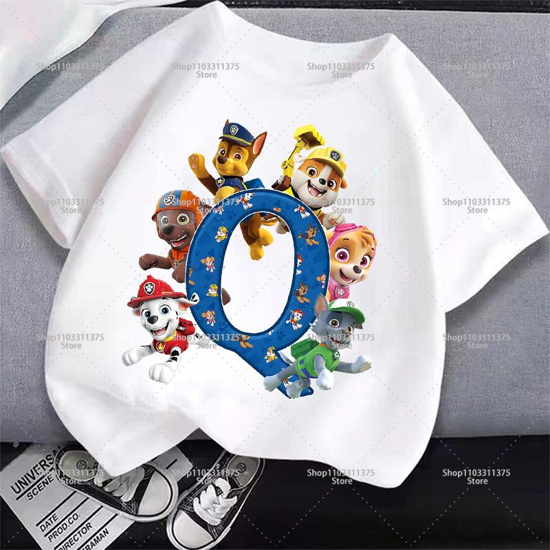 Cute PAW Patrol T-shirt Letter A-Z Boys Girls Clothes Short Sleeve Summer Cartoon Kids Birthday Toddler Cotton Outdoor Wear Gift