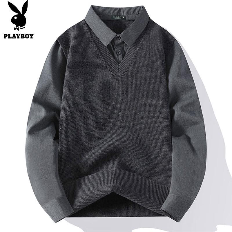 Playboy Men's Faux Two-Piece Shirt Collar Knit Sweater