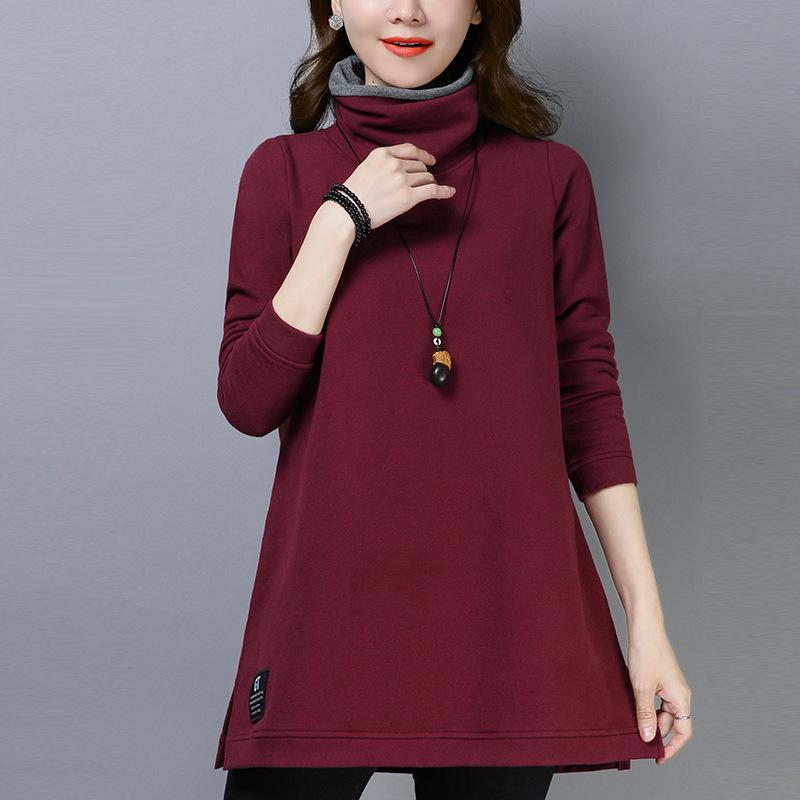 

Женский флисовый свитшот с высоким воротником в корейском стиле, зимний утолщенный средней длины свободного кроя для прикрытия живота XXL (for 130-145 jin) бордовый