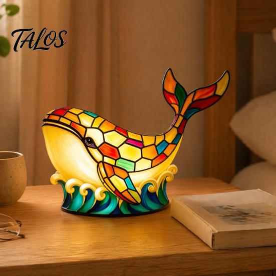 Kids Room Night Light Stained Glass Whale Light, USB Multicolor Table Lamp, Bedroom Ambiance Decorative LED Desk for Home Office Lamp