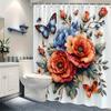 1 Piece Flower Bouquet And Butterfly Shower Curtain - Polyester Fabric, Machine Washable, Suitable For Bathroom Decoration