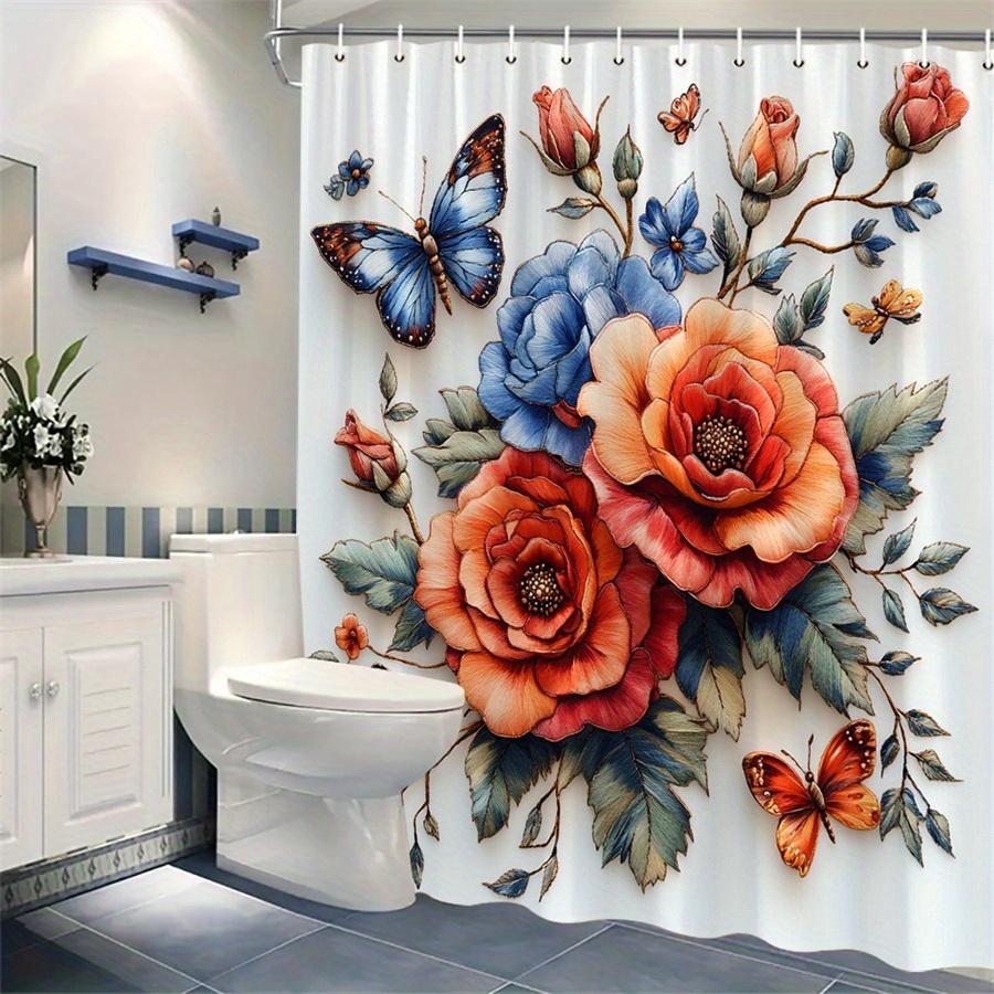1 Piece Flower Bouquet And Butterfly Shower Curtain - Polyester Fabric, Machine Washable, Suitable For Bathroom Decoration
