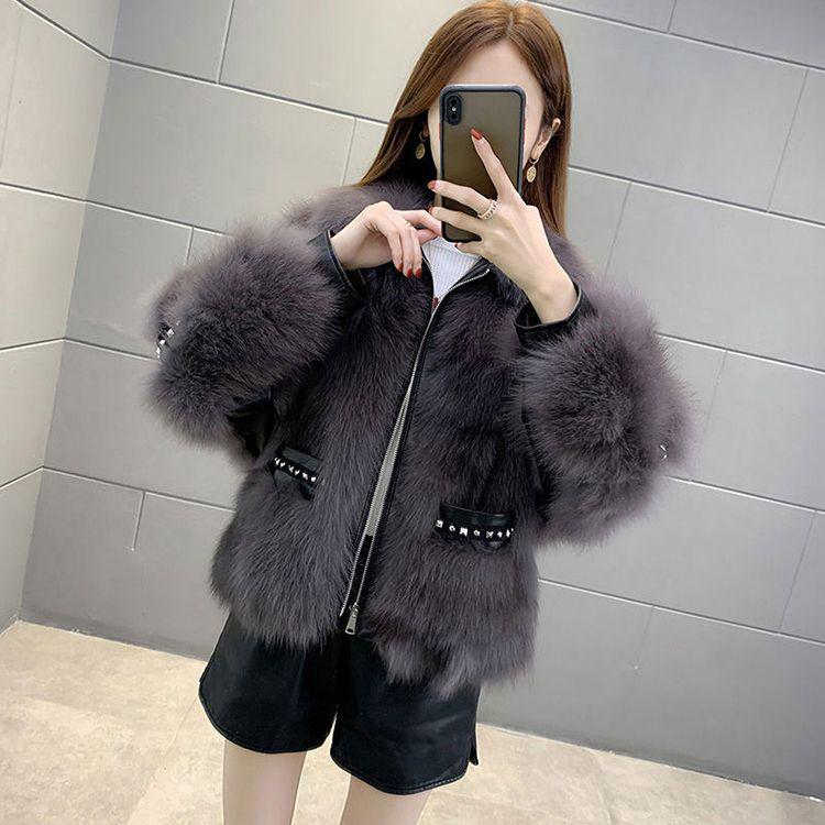 Korean Style Grey Faux Fur Batwing Sleeve Rivet Winter Coat for Women
