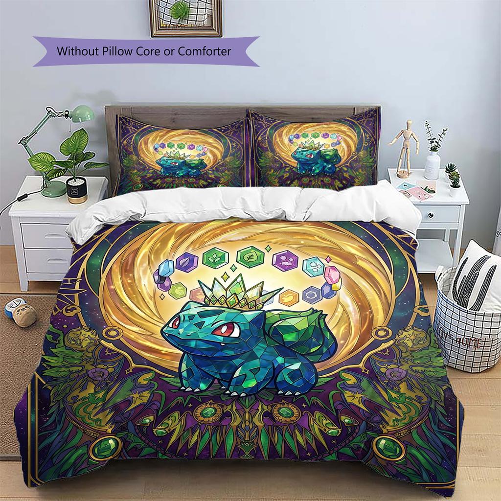 Bulbasaur Pattern Bedding Quilt Set Quilt Cover Pillowcase Home Decoration Birthday Gift (1 * duvet cover + 2 * pillowcase, without core)