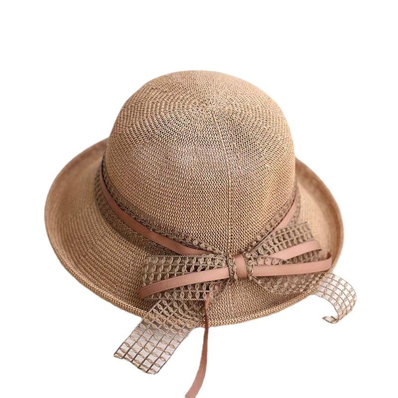 Retro elegant bow ribbon crimped basin hat dome top hat shading breathable fisherman straw hat women's summer