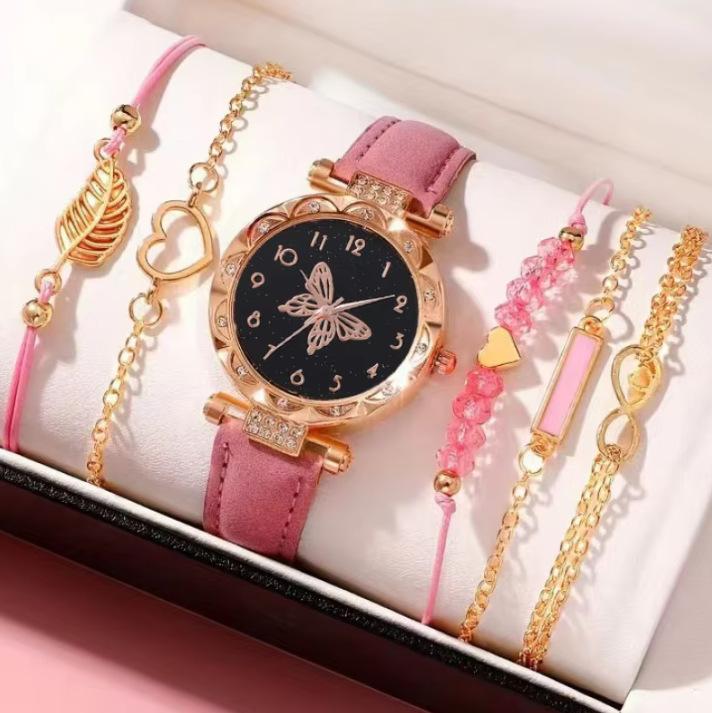 New Ladies Diamond Dial Belt Quartz Watch Beaded Bracelet Set 6Pcsset Chronograph Watch