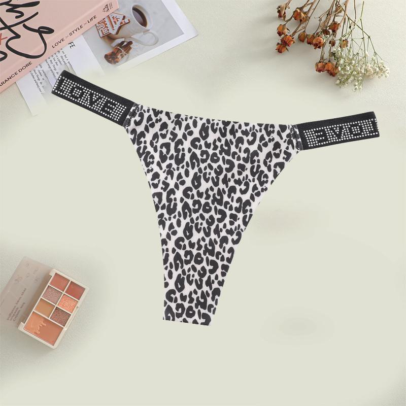 Women's Sexy Leopard Underwear Rhinestone Letter Belt Thongs Female Seamless Stretchy Panties 14 Colors Low-Waisted Lingerie