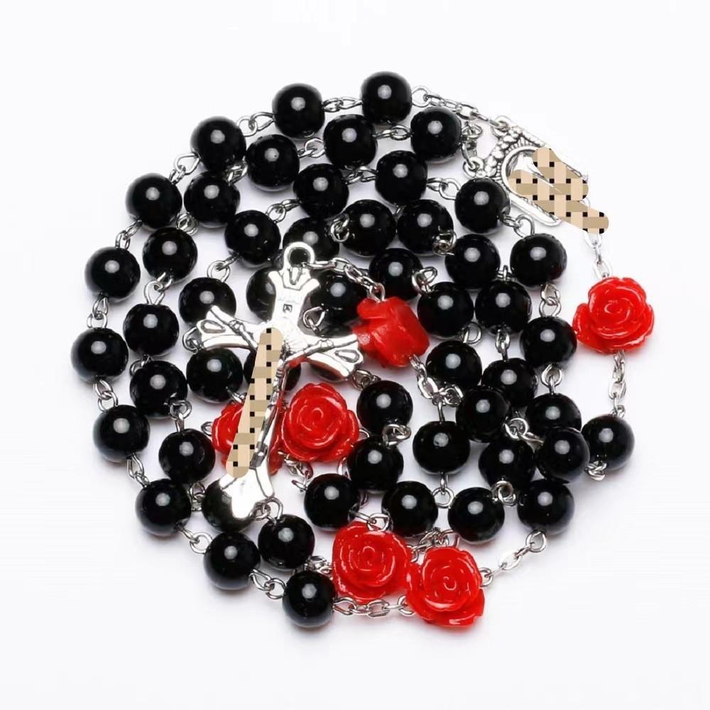 Roses Women Round Bead Necklace Cross Pendant Alloy Material Valentine Gift Day