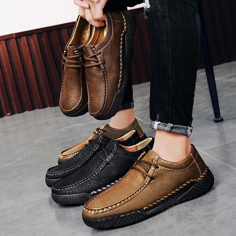 High Quality Handmade Leather Shoes for Men Soft Flat Lace-up Casual Leather Comfortable Designer Loafers Mens Zapatillas Hombre