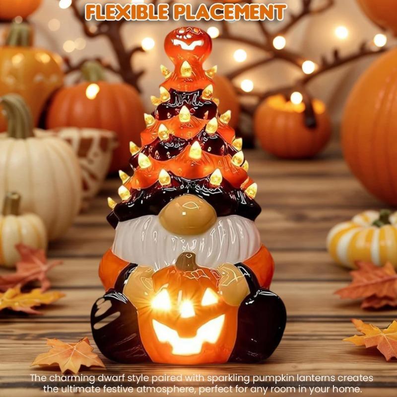 Halloween Zwerg Dekoration mit Licht, Kürbis Wichtel Keramik Baum Leuchtfigur, Orange LED Tisch Herbstdeko für Zuhause, Halloween Party