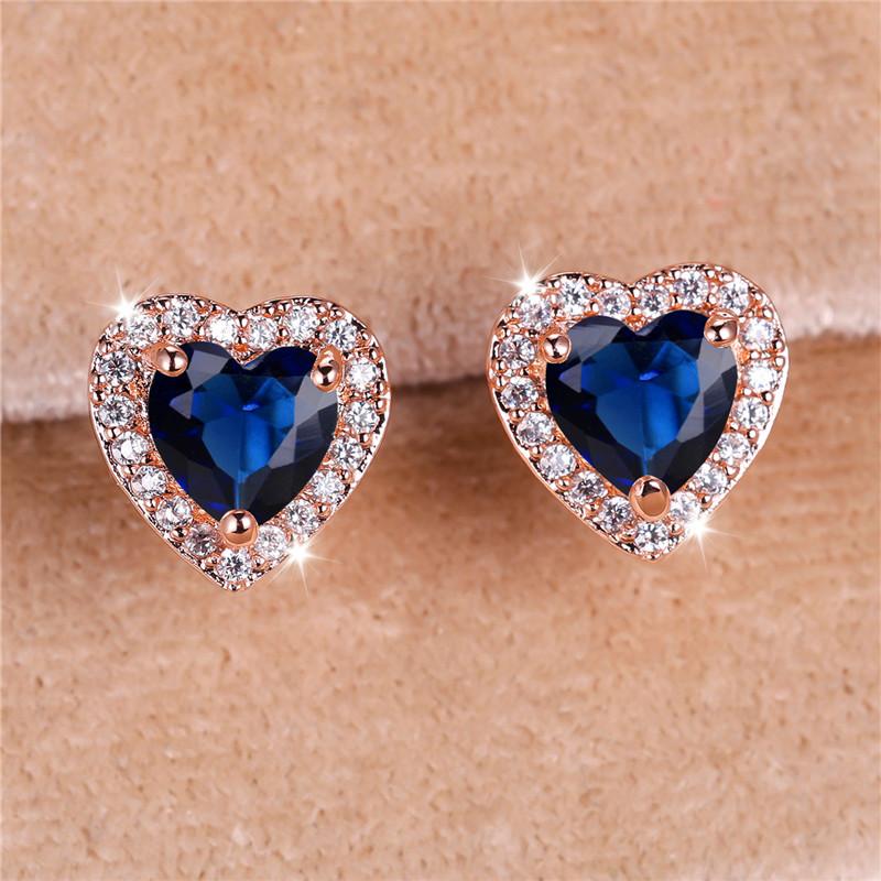Boho Female Blue Heart Zircon Stone Earrings Cute Rose Gold Color Summer Wedding  For Women