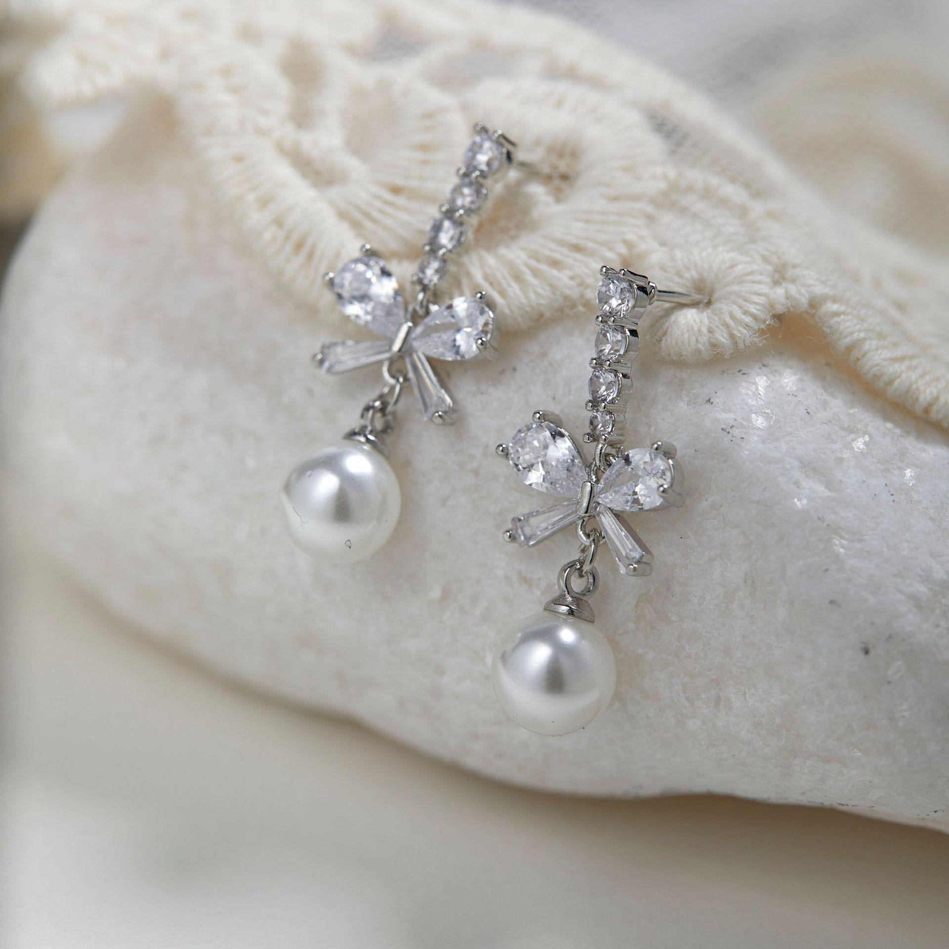 Elegant Pearl & Cubic Zirconia Tassel Bow Earrings