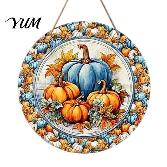 Autumn Theme Hanging Decoration Harvest Festival Welcome Sign for Front Door, Rustic Wooden Wheat Ear Ornament with Hemp Rope, Pumpkin Plaque