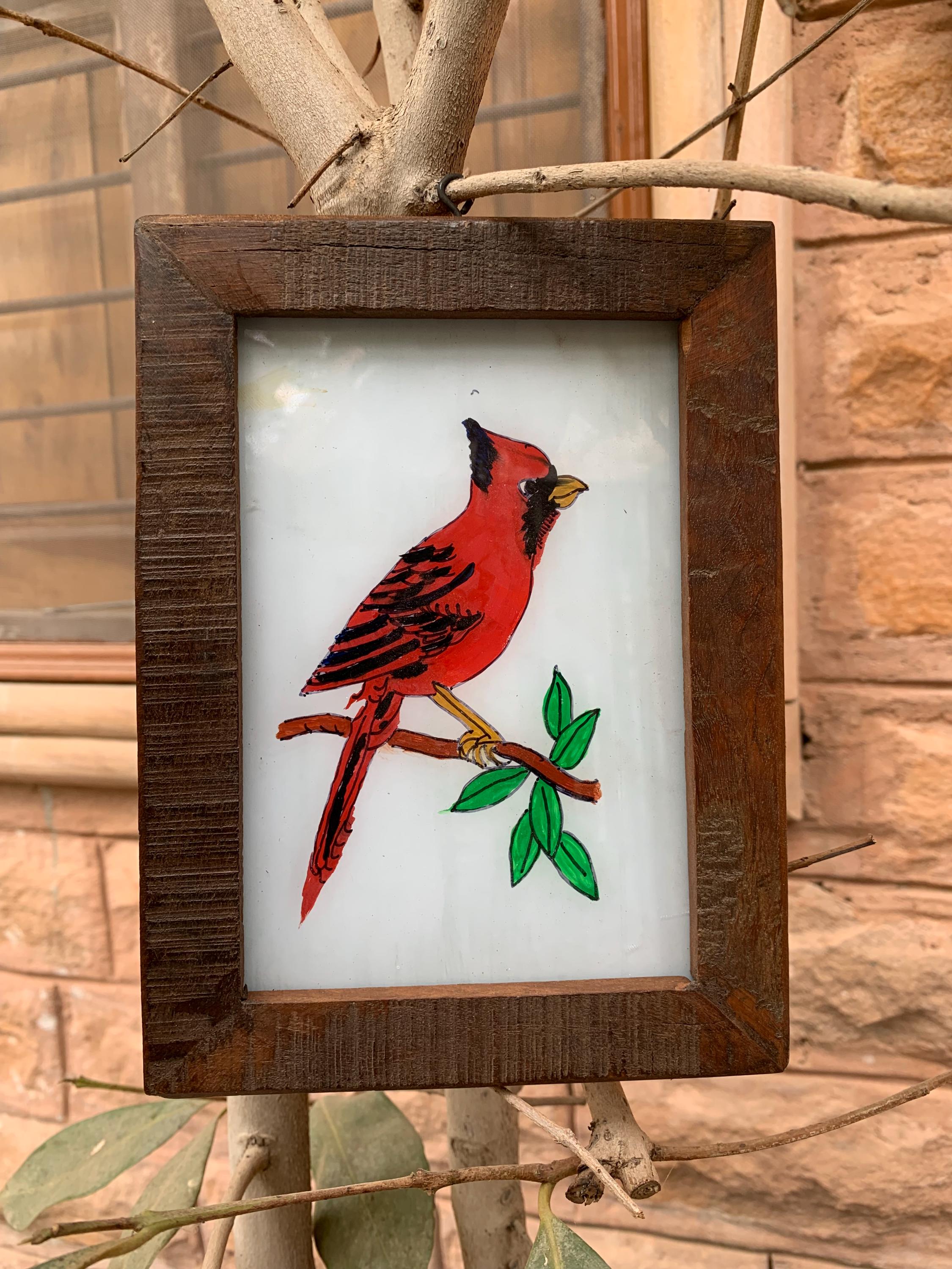 

Hand Painted Red Bird Glass Wall Frame Nature Wall Hanging Home Decor разноцветный