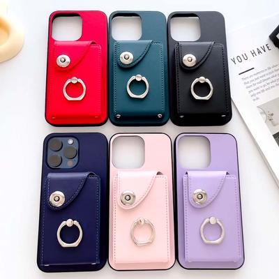 Egyszínű csuklópánt bőr gyűrű Kickstand kártyanyílás lökhárító telefon pénztárca tok iPhone 15 Pro Samsung Xiaomi Oppo mágneses állványhoz, kihajtható hátlap