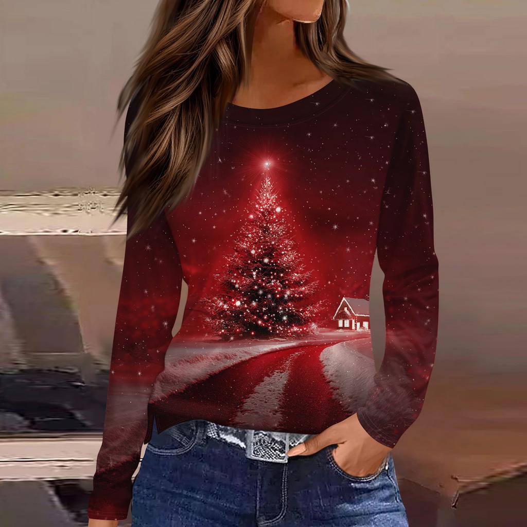 Women's Fashion Casual Slit Hem Round Neck Long Sleeve Loose Christmas Printed T-Shirt Ladies Top