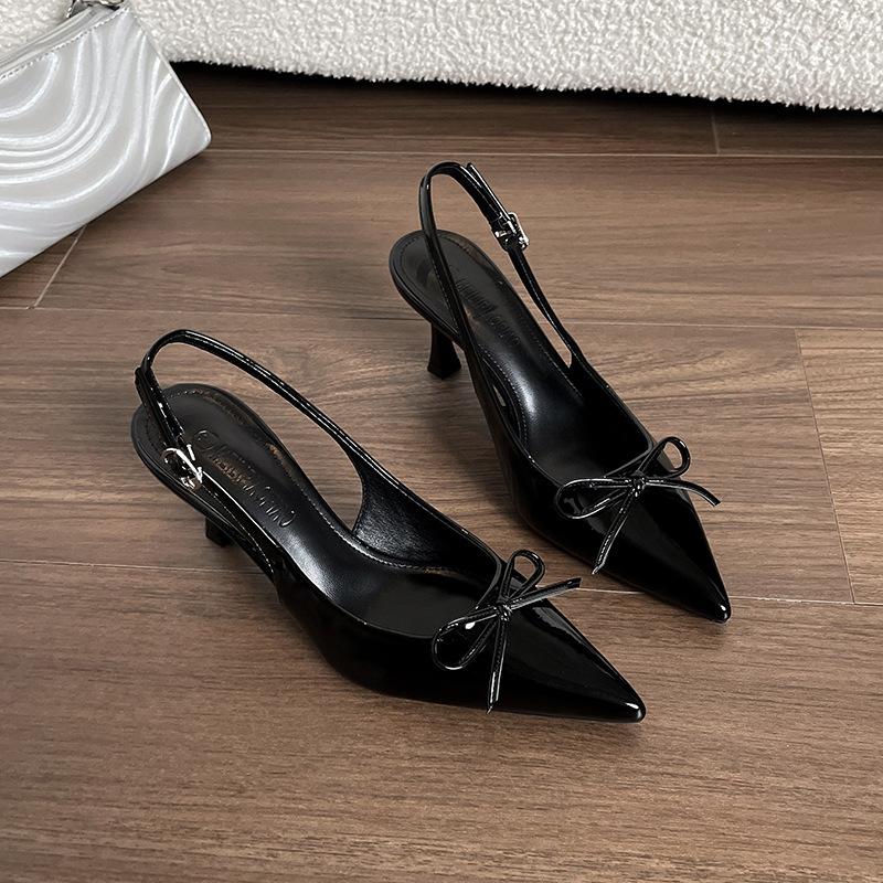 Sheepskin version~ French bow bag head, light mouth, empty sandals, women's skirt, single shoes, pointed thin heels, high heels.