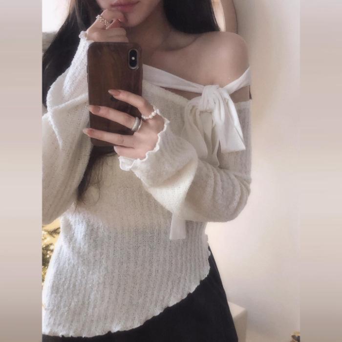 Mink Fur Pink Bow Off-Shoulder Knit Top for Women - Autumn/Winter Base Layer
