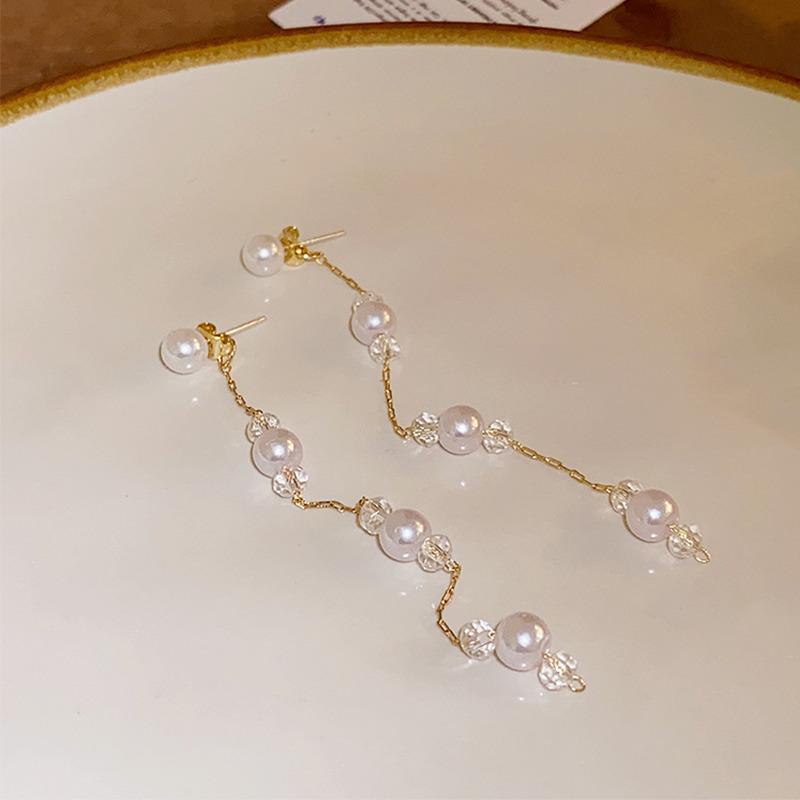Long Dangle Earrings For Women Fashion Full Crystal Simulated Pearl Tassel Drop Earring Vintage Gold Color Brincos Jewelry