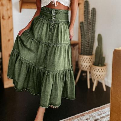 Moda Donna Tinta Unita Vita Alta Pieghe Gonna Lunga a Tromba A-line Gonna Mezza Corpo