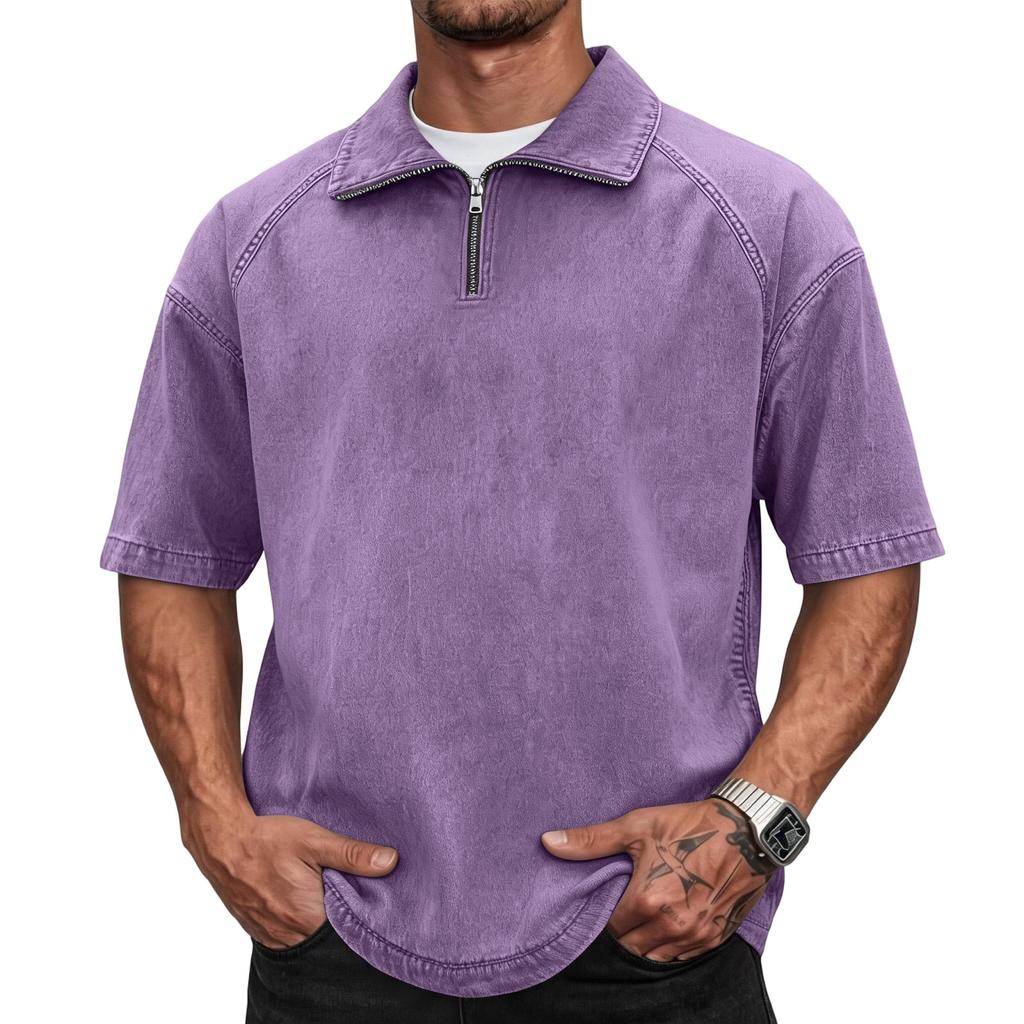 Men's Casual American Style Washed Cotton Vintage Short Sleeve Fitted Polo Shirt with Zip Collar Retro Trendy Design Comfortable Fit