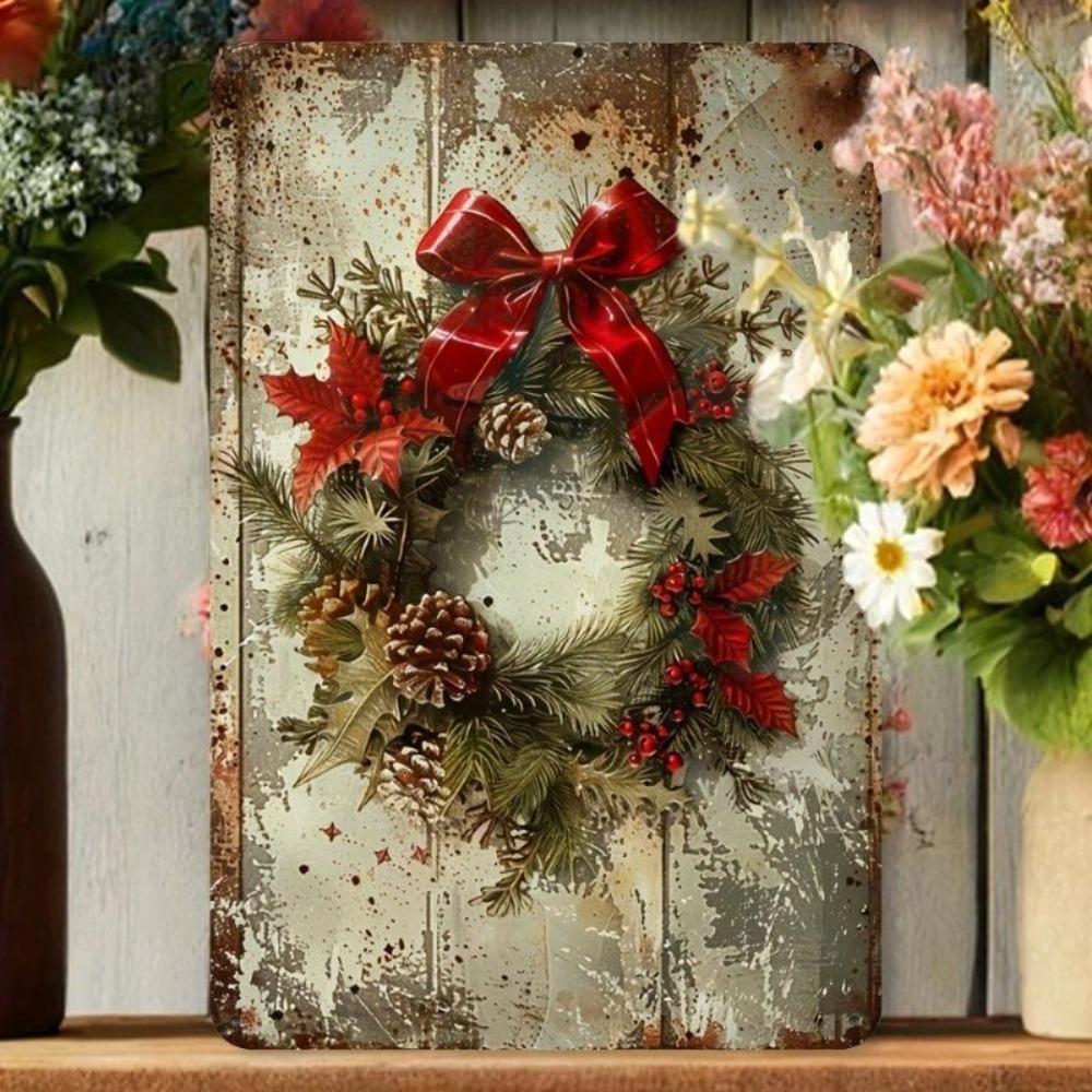 Vintage Metal Tin Sign Retro Christmas Wreath Wall Decor Home Kitchen Bar Gift