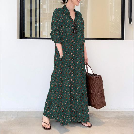 Women Floral Print Maxi Shirt Dress V‑Neck Lapel Long Sleeve Loose Fit Casual Long Dress With Pockets Boho Summer Beach Vacation Ladies Dresses
