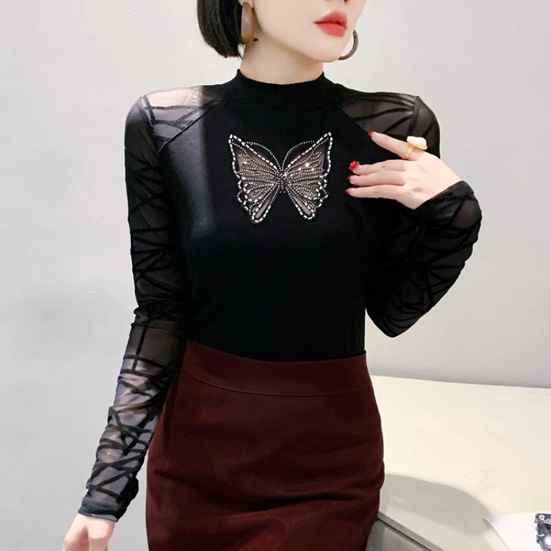 Spring Autumn Classic Butterfly Hot Diamonds T-Shirt Sexy Women Cotton Tees Fashion Streetwear Girl Tops Shirts