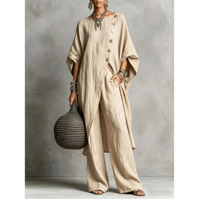 

TIFICY Women s Fashion Casual Summer Spring Solid Color Print 3/4 Sleeves O-Neck Trousers Pants Suits S хаки