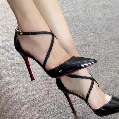Fashion 2025 New Sexy Pointed High Heel Sandals Hollow Out Buckle Strap Red Sole Women Shoes